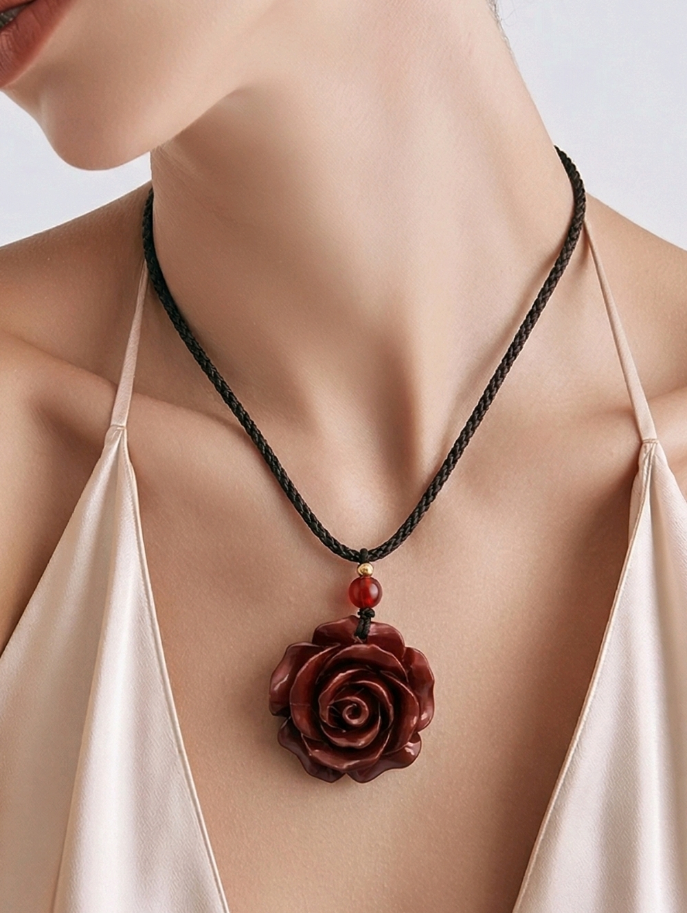 Cinnabar Red Rose Pendant Necklace Black Cord Gothic Romantic Boho Statement